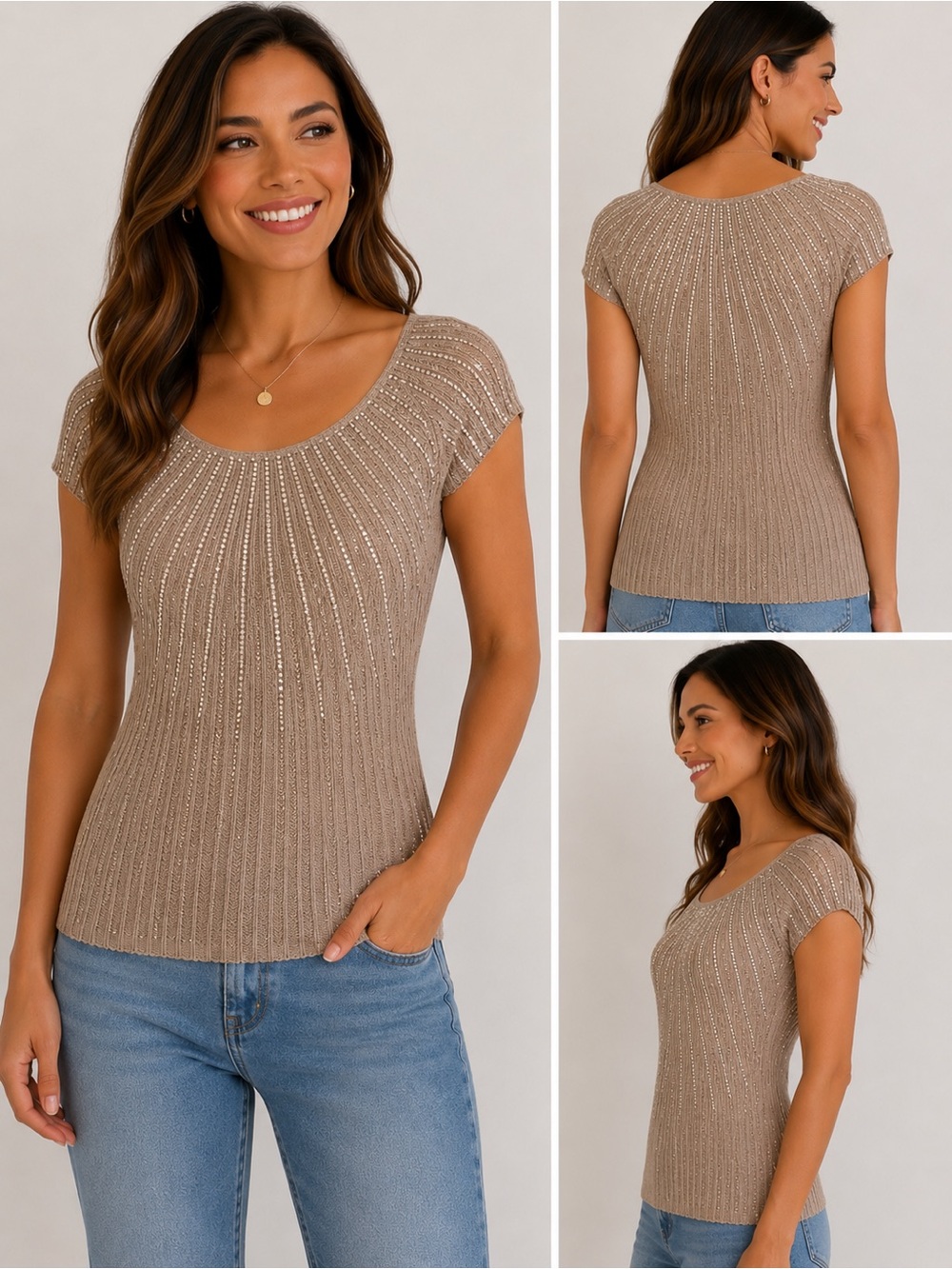 2b Bebe XS Taupe Metallic Sunburst Knit Top Short Sleeve Stretch Pullover